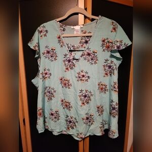3X Floral Print V-Neck Blouse